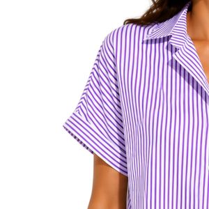Camisa corta a rayas moradas y blancas personalizada para mujer, con logotipo bordado personalizado, manga corta, con botones, blusa informal de verano, OEM - Product Image 3