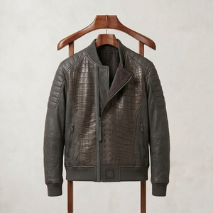 Veste d'hiver décontractée pour homme en cuir de crocodile véritable, coupe ajustée, motif gaufré classique, respirante, coupe-vent, logo frontal - Product Image 1