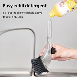 Spazzola per Piatti con Dispenser di Sapone Nero e Manico, Spazzole per Pulizia Cucina, Piatti, Pentole, Padelle e Lavello - Product Image 2