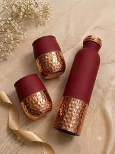 UNICORN HANDICRAFTS Copper <b>Water</b> <b>Bottle</b> Set Maroon Hammered Finish Portable Travel Drinkware Classic Design Eco-friendly Lids - Product Image 3