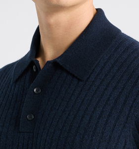 Suéter Polo de Punto Acanalado Azul Marino para Hombre, Manga Larga, Cuello Camisero, Estilo Casual para Otoño - Product Image 4