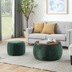 Pouf Contenitore Rotondo 2 in 1 Verde (63,5x63,5x37,3 cm) che Funziona come Tavolino d'Appoggio e Piccolo Sgabello/Pouf - Product Image 1