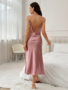 Camisón Sexy de Satén Rosa de Manga Corta y Largo Completo, Color Sólido, Ajuste Suave, Talla Grande, Térmico, Bordado, Ecológico, para Mujer Adulta - Product Image 4