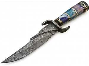 มีดเหล็กดามัสกัสทำมือจาก Iron Crown Forge ใบมีดคงที่ ใช้ได้หลากหลาย พร้อมตัวเลือก OEM ด้ามจับเรซิ่นลายหมุนสีน้ำเงินม่วง - Product Image 2