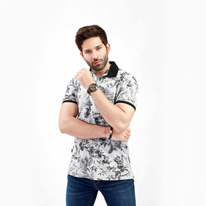Polo à manches courtes pour homme, imprimé floral gris, respirant, vêtement décontracté, coton tricoté - Product Image 1