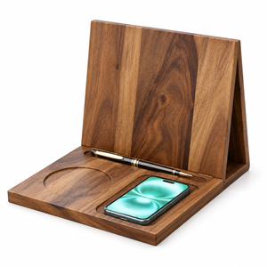 Acacia Wood Bookend <b>Stand</b> <b>Phone</b> Holder <b>Desk</b> Organizer Table Riser with Pen Slot for Office Home - Product Image 1