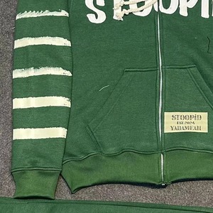 Stoopid Men's Green Hoodie Sweatshirt <b>Set</b> Cotton <b>Knitted</b> Casual Autumn Full Zip Members Print Tracksuit - Product Image 3