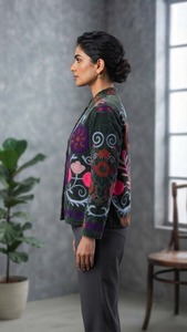 Statement <b>Green</b> Suzani <b>Velvet</b> Embroidered <b>Jacket</b> <b>Women</b> Handmade Multicolor Botanical Boho Wholesale Fashion Outerwear - Product Image 3