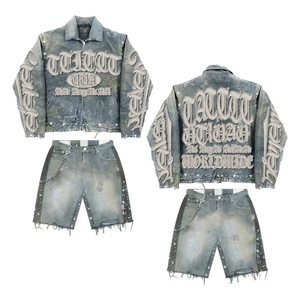 OEM Custom Patch Embroidery <strong>Letter</strong> Cotton Canvas Rhinestone Vintage Wash Distressed Denim <strong>Jacket</strong> and Shorts for <strong>Men</strong> - Product Image 1