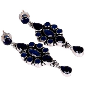 Oxidized Silver Brass Blue Stone Drop Earrings Women | Handmade Indian Vintage Wedding Jewelry | Wholesale Bulk Supplier Fashion - Product Image 5