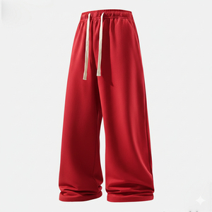 Pantalon en molleton rouge à jambes larges, taille mi-haute avec cordon de serrage, coupe ample, longueur intégrale, couleur unie, tricoté, pour femme, style automne - Product Image 1