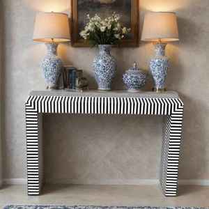 Modern Striped <b>Console</b> <b>Table</b> With <b>Black</b> & White Strips Geometric Pattern Entryway Decorative Furniture Indoor Rectangle shape - Product Image 1