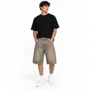Private Label Straight Denim Jorts Cotton <b>Jean</b> Shorts With Washed Gray Finish Knee Length Cut Custom Patch Detail Relaxed Fit - Product Image 1