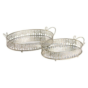 Oval Metal Decorative Trays Set Of 2 With Mirror Base And Handle Traditional Design For <b>Home</b> Decoration - Product Image 1