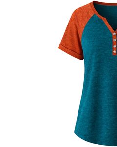 เสื้อยืดผู้หญิงสีฟ้าอมเขียว สีส้มสนิม แขนสั้น คอเฮนลีย์ ทรงแร็กแลน เนื้อผ้าฝ้ายนุ่ม สวมใส่สบาย ทรงหลวม เสื้อยืดฤดูร้อน ระบายอากาศได้ดี - Product Image 3