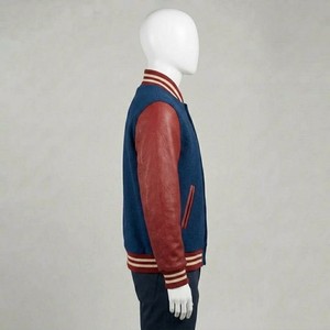 <b>Men's</b> Royal Blue Varsity <b>Jacket</b> With Burgundy Faux <b>Leather</b> Sleeves Ribbed Collar Snap Button Closure Casual Letterman Outerwear - Product Image 3