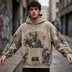 เสื้อฮู้ดผู้ชาย WhiteAura ทรงโอเวอร์ไซส์ สไตล์สตรีทแวร์ พิมพ์ลายซอมบี้ ผ้าฝ้ายฟลีซ ใส่ได้ในฤดูใบไม้ร่วง มีกระเป๋าหน้า พร้อมโลโก้ - Product Image 5