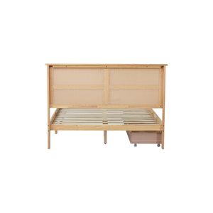 Letto in legno Full-Size in rovere bianco con testiera in Rattan migliorato supporto piedi sale con due cassetti di stoccaggio Design elegante - Product Image 2