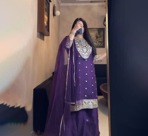 Vestido étnico indio y pakistaní de diseñador moderno pesado Faux Georgette tela Sharara Suit & Palazzo con Dupatta a bajo precio - Product Image 1