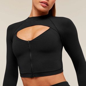 1/4 Zip <b>Women</b> <b>Long</b> Sleeve High Collar Design Crop Length Shirt Wholesale Custom High Quality Spandex/Nylon High Stretch - Product Image 4