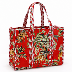 Bolso Tote de Algodón Acolchado Artesanal Ligero con Motivo Floral de Rosas Rojas, Bolso de Hombro Étnico Grande Abierto para Mujer - Product Image 1