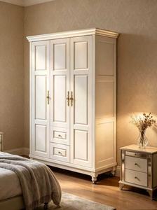 High Quality Solid Wood 3 Door White <b>Wardrobe</b> with Drawers & Casters, American Style Storage Clothes Cabinet for Bedroom Home - Product Image 3