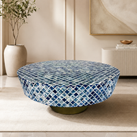 Table basse ronde moderne avec incrustation en os, plateau en cuir PU, motif bleu, table centrale sur mesure pour salon