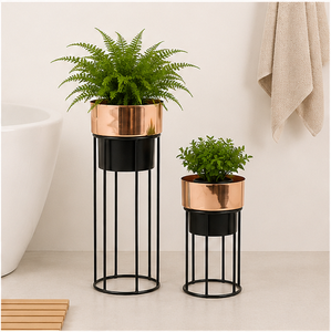 Ensemble de 2 jardinières en métal rose doré de luxe avec supports en fer noir, pots de plantes d'intérieur pour le salon et la décoration d'hôtel - Product Image 5