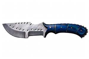 Cuchillo de exterior de acero de Damasco hecho a mano con mango de madera azul y hoja esqueletizada con orificios de ventilación - Product Image 2