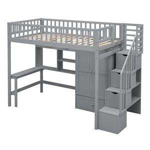 Letto a soppalco grigio matrimoniale con libreria, cassetti, scrivania e armadio - Set di mobili per bambini - Product Image 6