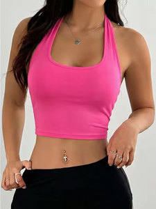 Women's Pink O-Neck Casual Silk/Cotton Satin Knitted Breathable Crop Tank <b>Top</b> Solid Color Athletic Workout - Product Image 4