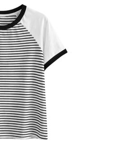 เสื้อยืดแร็กแลนลายทางขาวดำแบบกำหนดเองสำหรับผู้ชาย ผ้าฝ้ายลำลอง เสื้อยืดฤดูร้อน แขนเสื้อตัดกัน คอกลม ผู้ผลิตและจำหน่าย OEM - Product Image 4