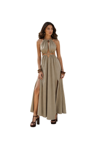 Vestido largo caqui con cuello halter y aberturas para mujer, sin espalda, ideal para playa, resort o vacaciones de verano. - Product Image 1