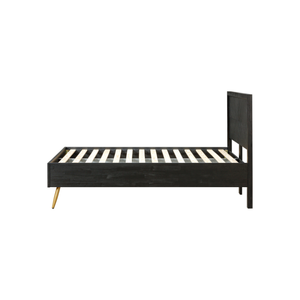 Elegant Wooden <b>Bed</b> <b>Frame</b> With Geometric Chevron Design, <b>Raised</b> Headboard And Mid Century Style Legs <b>For</b> Modern Bedroom Furniture - Product Image 1