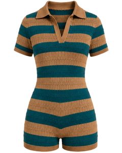 Mono de punto a rayas verde azulado y beige para mujer, manga corta, cuello polo, informal de verano, de una pieza, ajustado, diseño personalizado - Product Image 5