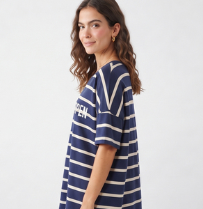 Oversized Striped V-Neck <b>T</b>-<b>Shirt</b> Women Short Sleeve Cotton Jersey Letter Print <b>Long</b> <b>Length</b> Streetwear Style Summer Tee Ladies - Product Image 6