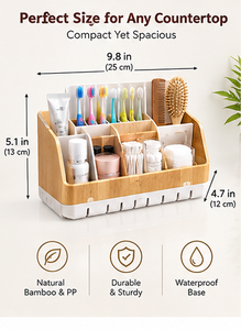 Organisateur de salle de bain portable en bambou, plateau de rangement minimaliste rectangulaire avec 7 compartiments pour brosses à dents, dentifrice et accessoires (Ensemble) - Product Image 4