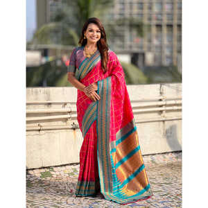 ผ้าซารีทอแบบดั้งเดิมของ Elite Weaves ลายซารีแบบตัดกันสีชมพู ผ้าไหมเนื้อนุ่ม ลายตาราง  เสื้อผ้าอินเดีย/ปากีสถาน - Product Image 6