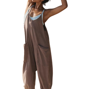 Custom Women's Solid <b>Brown</b> 100% Cotton Sleeveless V-Neck Jumpsuit With Side Pockets Loose Fit Full Length Summer Wear Tracksuit - Product Image 1