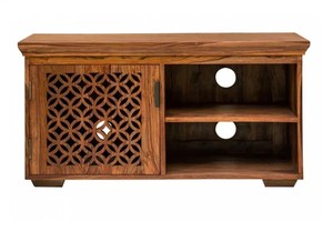 Meuble TV en bois massif sculpté géométriquement, fait main |   Petite console multimédia avec porte en treillis |   Exportation de Jodhpur - Product Image 4