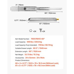 Guide per cassetti bloccabili per impieghi gravosi da 60 pollici, 1 paio, con capacità di carico di 500 libbre, guide a sfera a montaggio laterale - Product Image 5