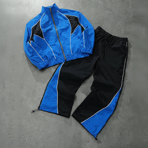 Men’s 2pcs Vintage Tracksuit Set Blue <b>Black</b> Color Block Stand Collar Jacket Pants Sports Casual Gym Wear - Product Image 1