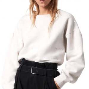 Sudadera de punto de algodón y bambú con lentejuelas de cristal y bordado frontal para mujer, cuello redondo, manga larga, holgada, para otoño - Product Image 1