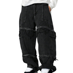 <b>Mens</b> Black Distressed Denim <b>Jeans</b> Mid Breathable <b>Wide</b> <b>Leg</b> Loose Fit Streetwear Pants Utility Pockets Ripped Panel Details Casual - Product Image 5