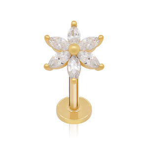 Piercing Labret de Oro Sólido de 14K con 6 Diamantes Marquise Cultivados en Laboratorio, VVS DEF, Roscado Internamente, Parte Trasera Plana, Zisma - Product Image 2