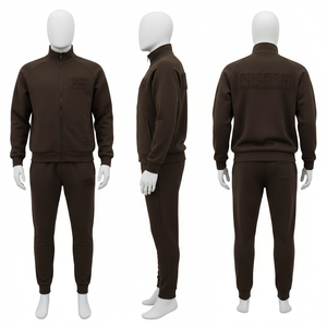 Custom Design Men's Brown <b>Tracksuit</b> Full Zip Stand Collar Sweatshirt Jogger Pants Embossed Logo Casual Autumn Wear - Product Image 1