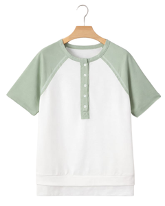 Women <b>White</b> Mint Green Raglan Sleeve Henley T Shirt Cotton Blend Short Sleeve Casual Summer Top Comfortable Lightweight <b>Tee</b> Wear - Product Image 1
