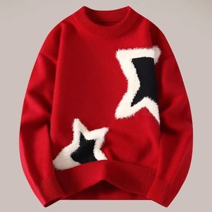 Pull tricoté à motif étoile patchwork pour homme, col rond, coupe ample, style couple, couche de base chaude, hauts en maille peluche pour l'hiver - Product Image 6