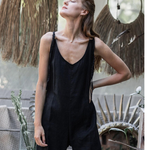 จั๊มสูทผ้าลินินสีดำสไตล์โบฮีเมียนสำหรับผู้หญิง ชุดเอี๊ยมยาวแบบลำลอง มีซิปด้านหลัง จั๊มสูททรงโอเวอร์ไซส์ - Product Image 4