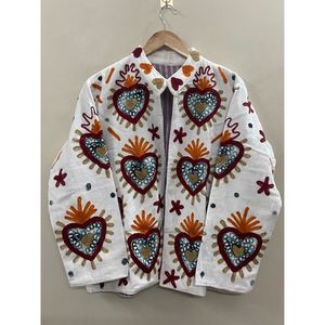 Veste en velours tricoté brodée à la main en coton écologique pour femme, col mandarin, manches longues, automne-hiver, motif œil bohème - Product Image 6